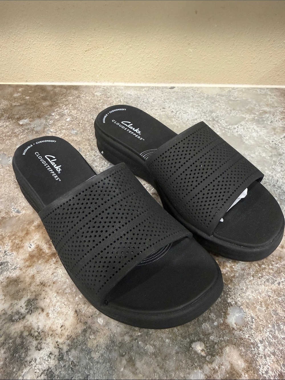 Clarks Black Perforated Slide Sandals